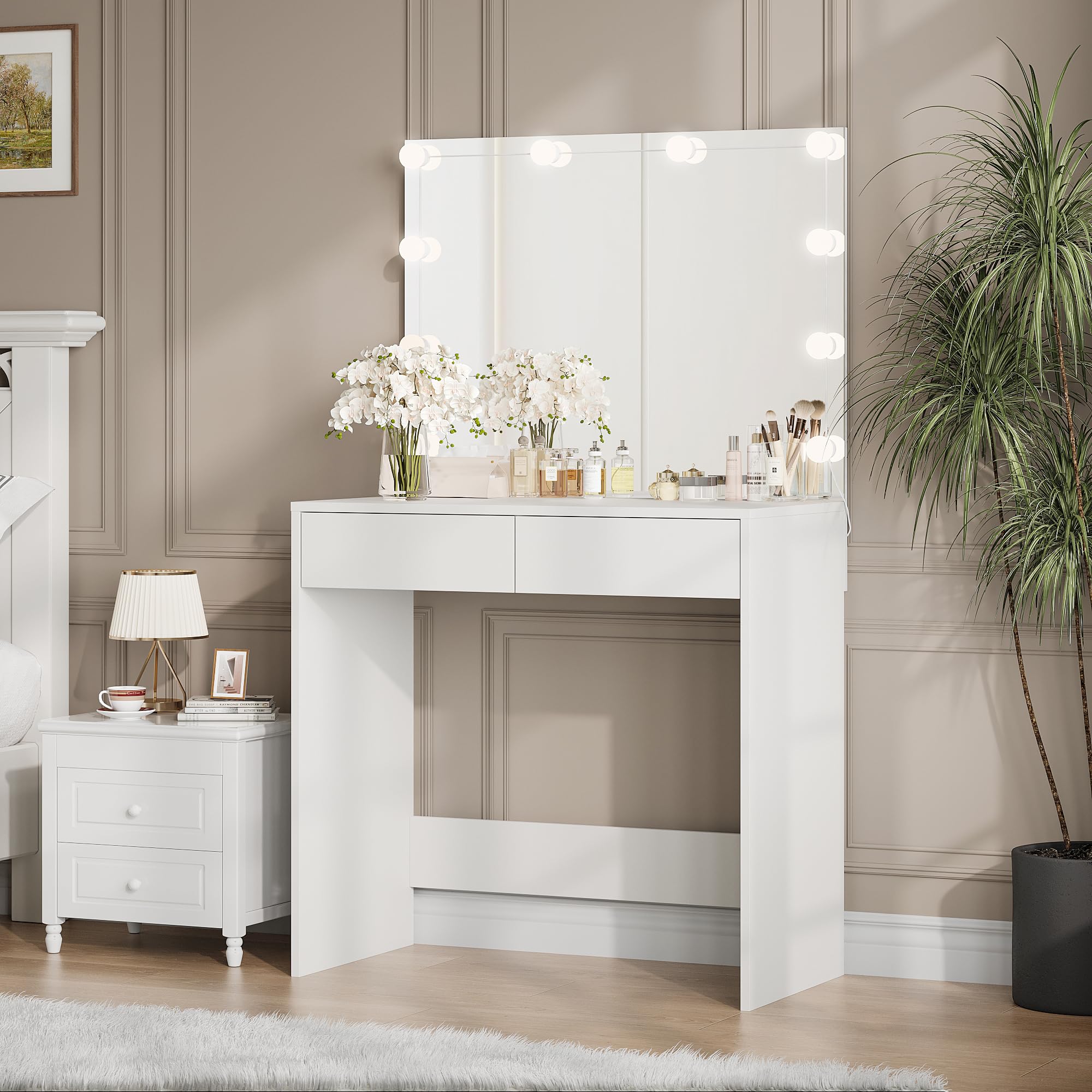 Vanity Desk with Large Mirror and Lights, 35.1 Inch Makeup Vanity Table with 3 Lighting Color Adjustable