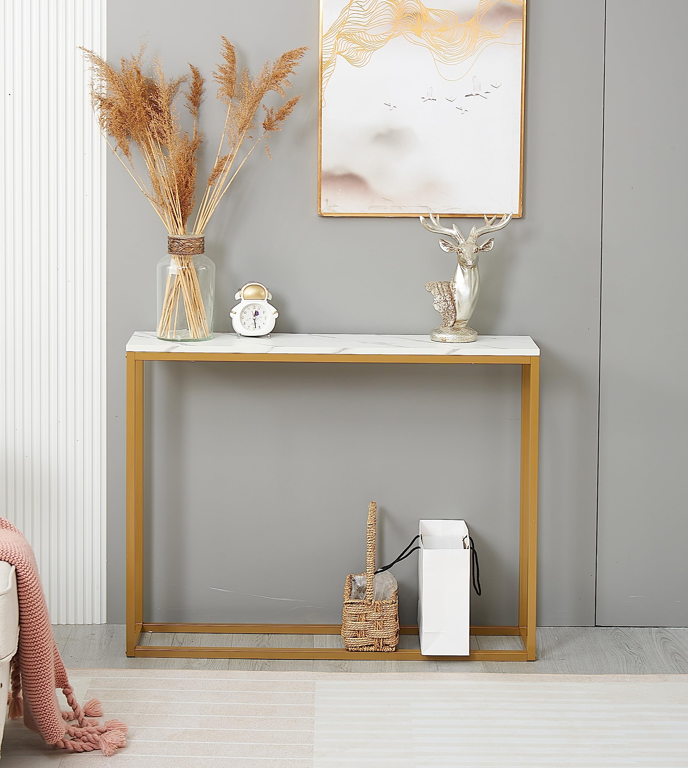 Modern Console Table for Entryway, MDF Faux Marble Sofa Table with Golden Metal