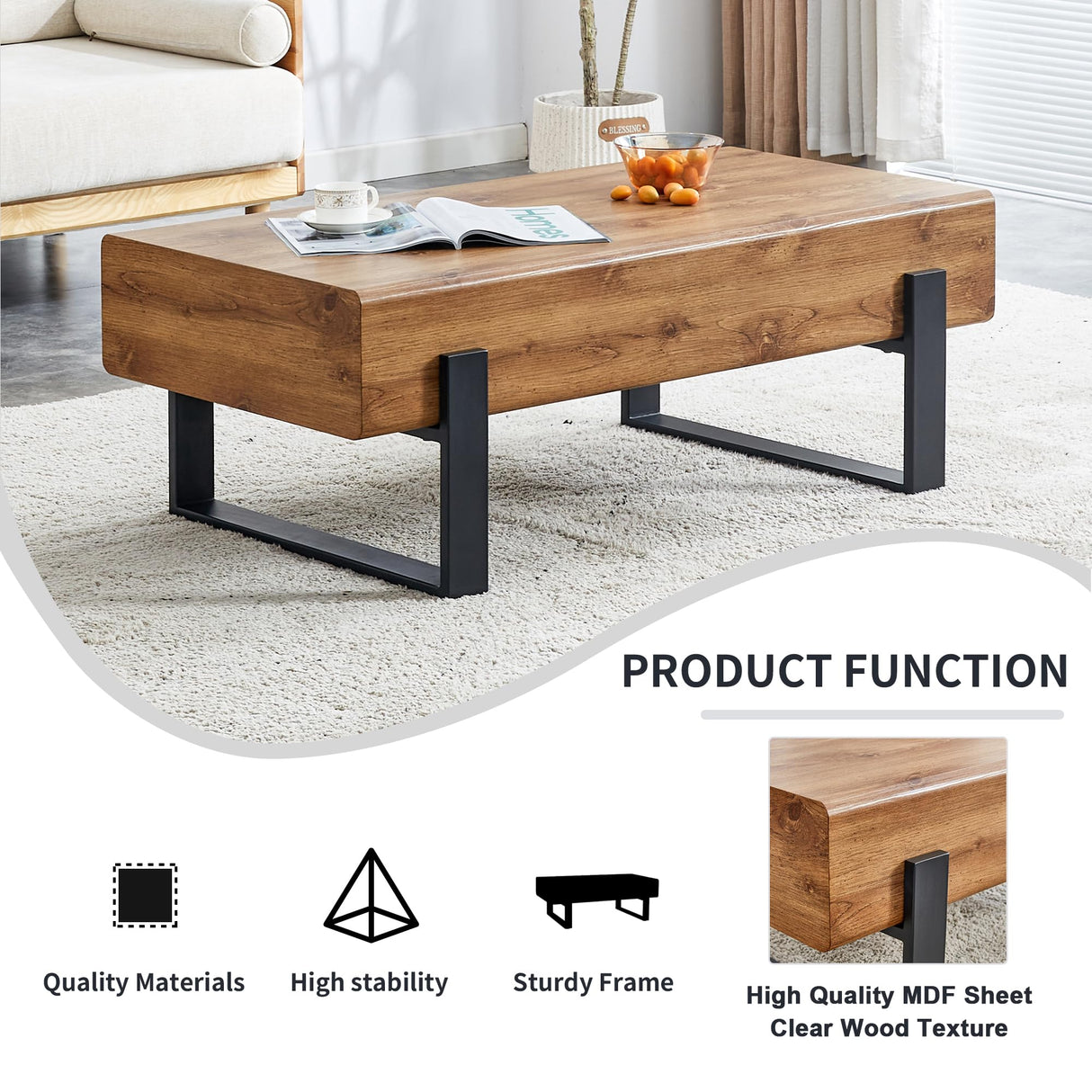 Rectangle Rustic Coffee Table, Modern Farmhouse Wood Simple Coffee Table