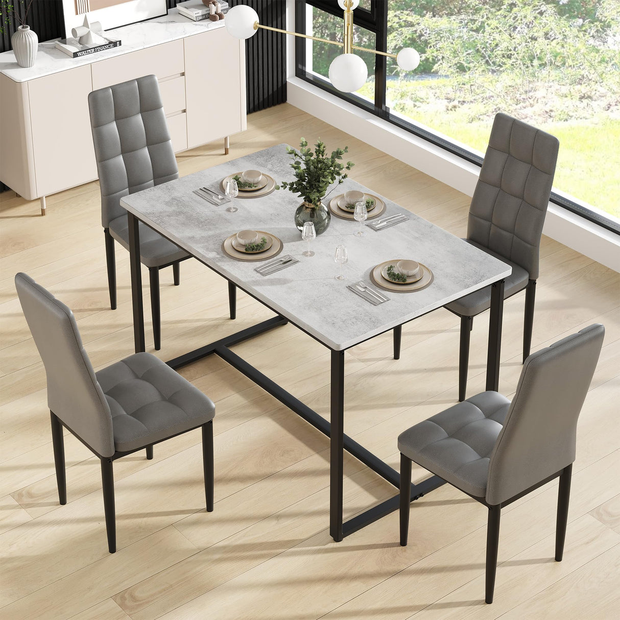 5-Piece Dining Table Set for 4, 47.24-Inch Faux Marble Kitchen Table with Highback PU Leather Chairs, Modern Dining Room Table Set for Apartment, Kitchens, Restaurant