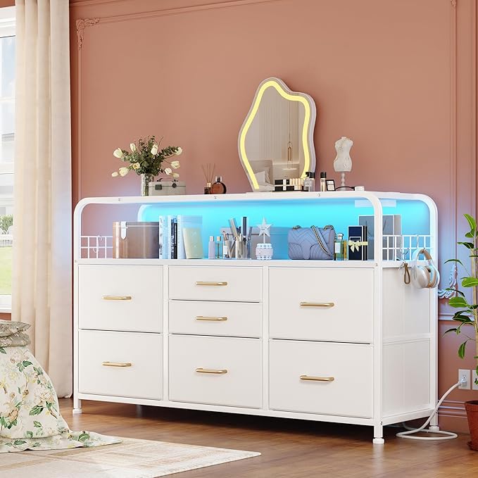 Dresser, Dresser for Bedroom with LED Lights & Charging Station, Bedroom Dresser