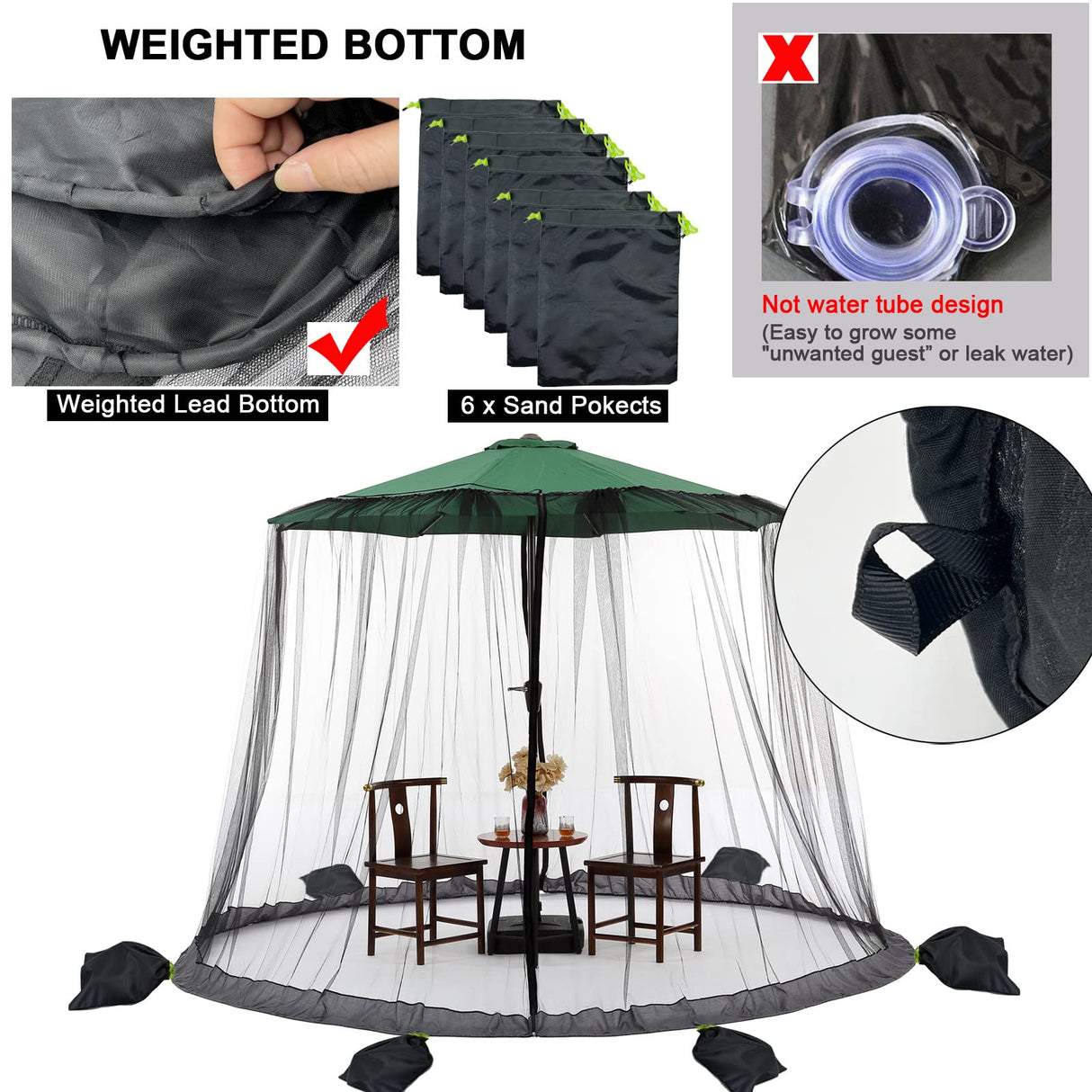 Black Patio Umbrella Mosquito Net, with Double Zipper Door, Polyester Mesh Screen,