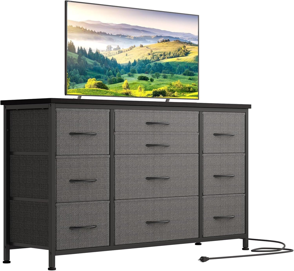 Dresser, 55 Inch TV Stand with Power Outlet Entertainment Center, Fabric Drawer Storage