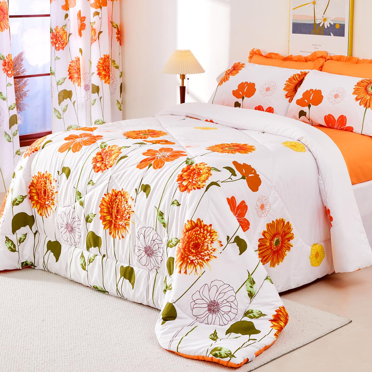 Queen Comforter Set 7 Pieces Reversible Queen Size Comforters for All Season Orange