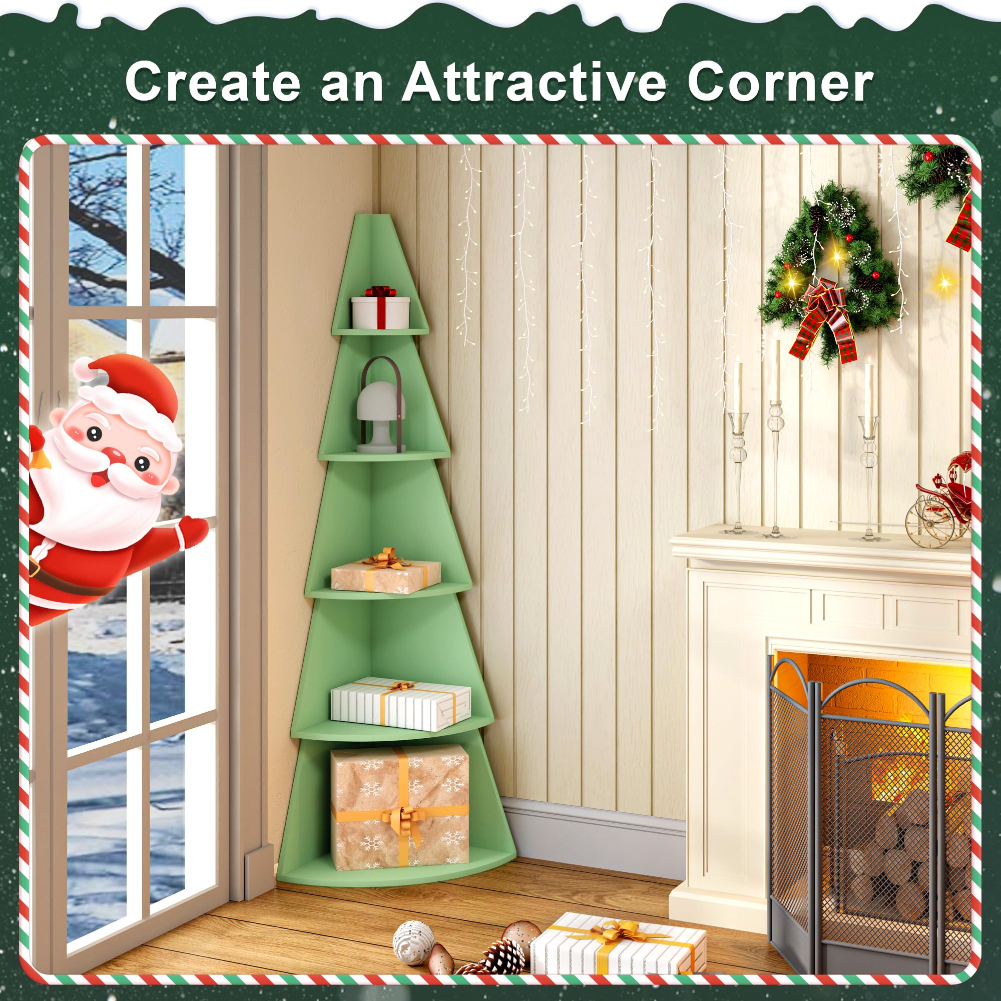 5 Tier Green Corner Book Shelf, 62" Tall Tree Corner Bookshelf with Storage,