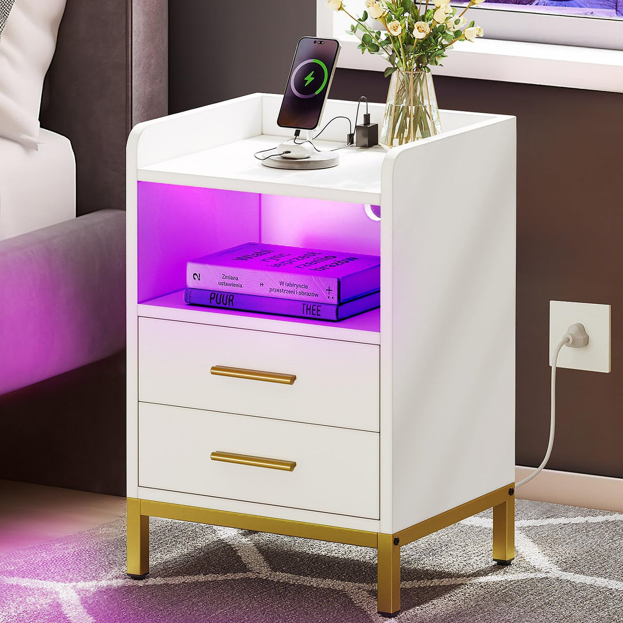 Nightstand with Charging Station & LED Lights, Night Stand with 2 Drawers, Modern Bedside Table with Storage Shelf for Bedroom, Set of 2, White