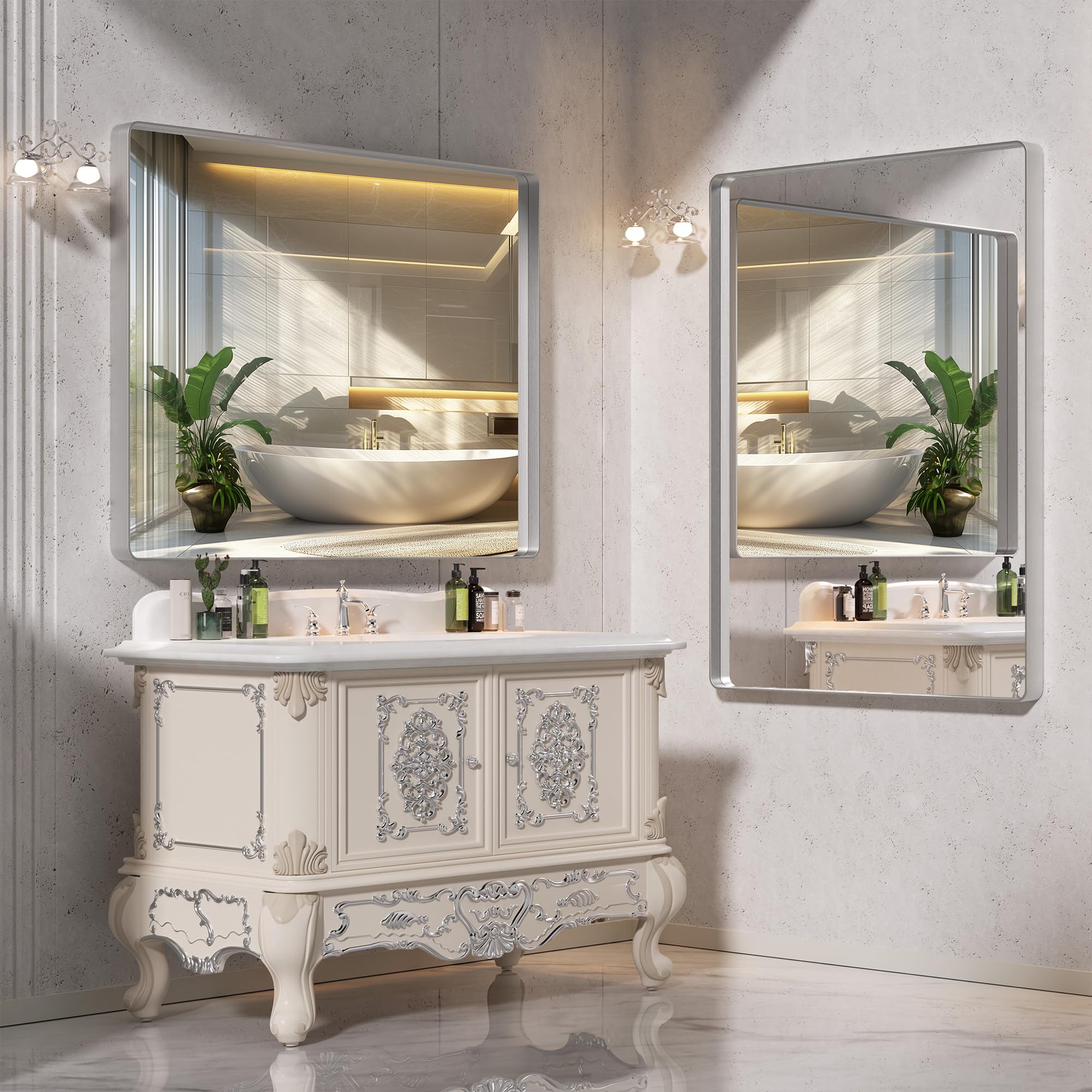 Brushed Silver Bathroom Mirror for Wall, 55 x 30 Inch Metal Framed Bathroom Mirrors