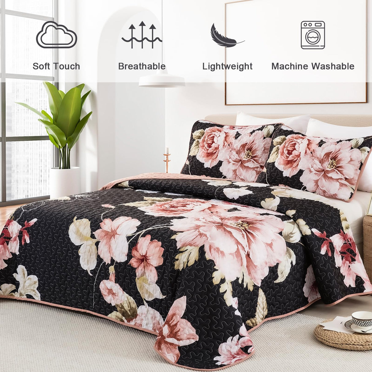 Black Floral Quilt Set Queen Size, 3 Pieces Pink Botanical Flower Printed