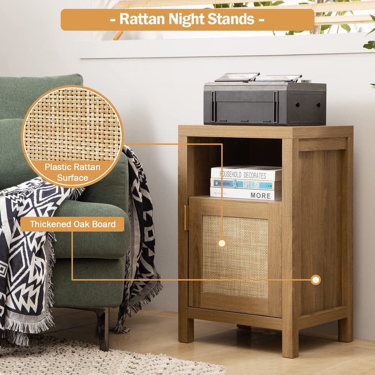 Tall Nightstand Set of 2 - Rattan Night Stand Farmhouse Bedside Table Boho End Table