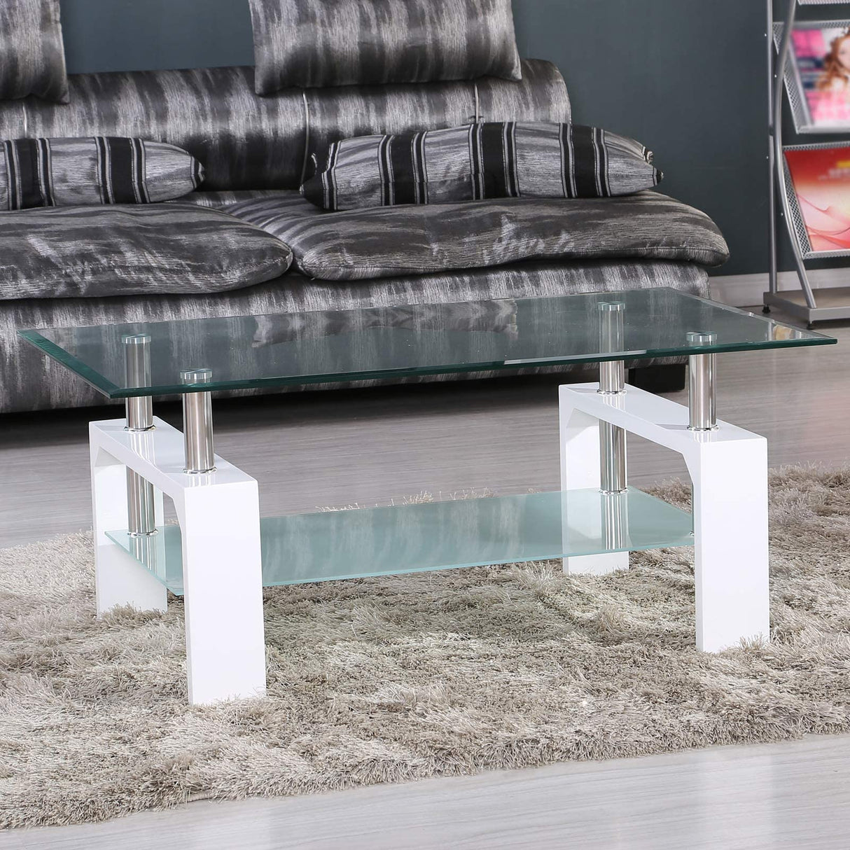 Rectangle Glass Coffee Table-White Modern Side Coffee Table with Lower Shelf Metal Legs