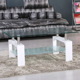 Rectangle Glass Coffee Table-White Modern Side Coffee Table with Lower Shelf Metal Legs