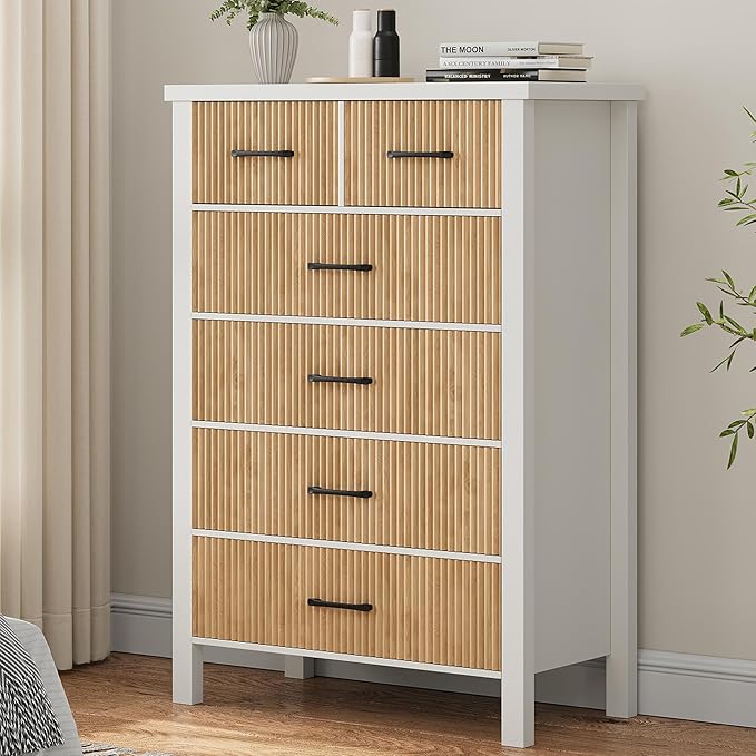 White Dresser 7 Drawer Dresser for Bedroom, Modern Fluted Dresser with Solid Wood