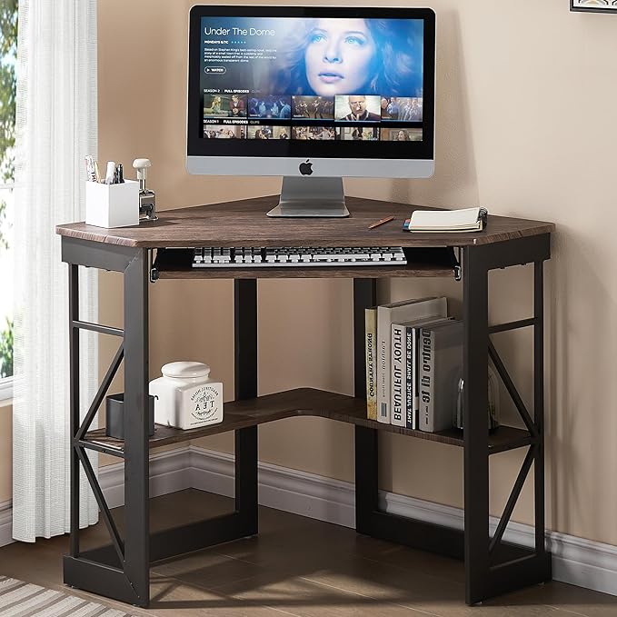 Corner Computer Desk Writing Smooth Keyboard Tray & Storage Shelves,Compact Home Office Triangle
