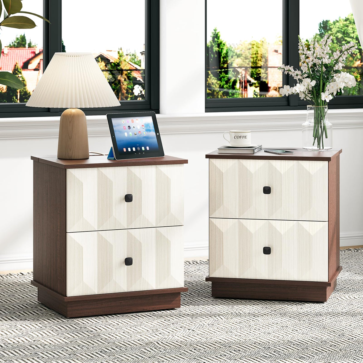 Modern Farmhouse Nightstand with Charging Station,Bed Side Tables Bedroom Set of 2