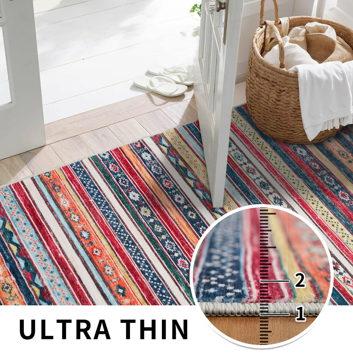 HILORUUG 10x14 Area Rugs - Extra Large Washable Living Room Rug with Non Slip Rubber Backing for Bedroom Dining Room Low Pile Stain Resistant Indoor Ultra Thin Carpets Striped -10x14 Multi