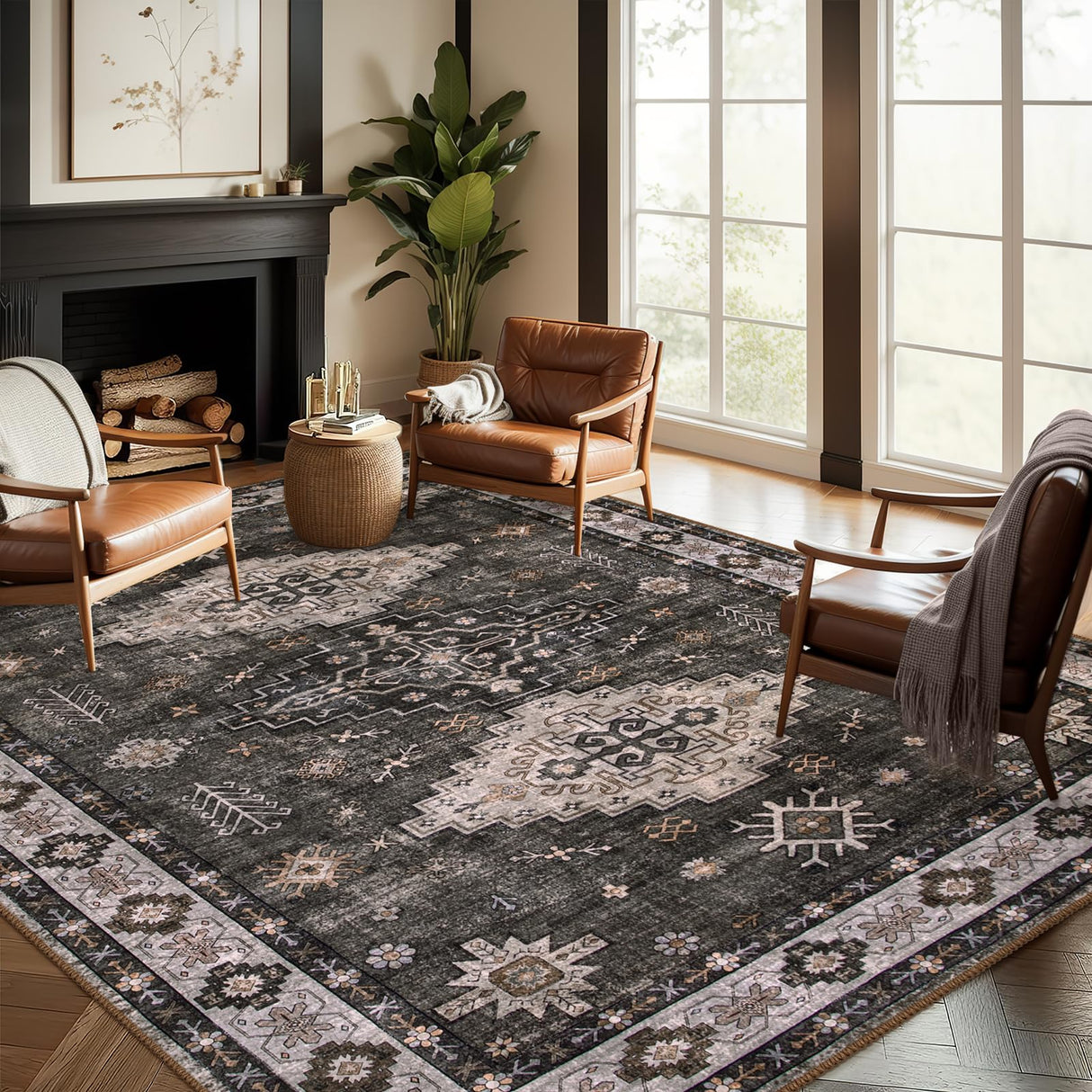 Lahome 6x9 Rug for Living Room, Machine Washable Soft Bedroom Area Rug, Ultra-Thin Non Slip Dining Room Rug, Throw Vintage Print Distressed Room Carpet for Bedroom Office (Brown, 6'x9')