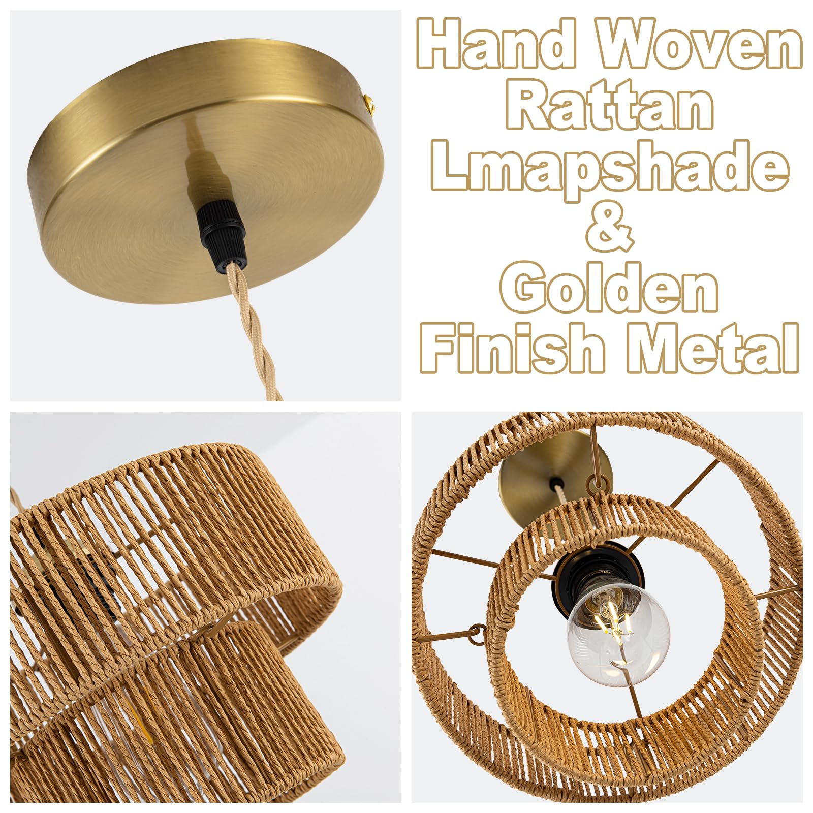 Farmhouse Rattan Pendant Light Fixture Vintage Boho Hand-Woven Bamboo Pendant