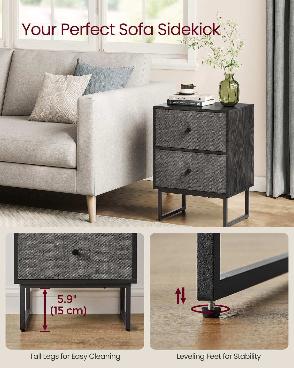 Nightstand, Bedside Table Small Dresser with Removable Fabric Drawers