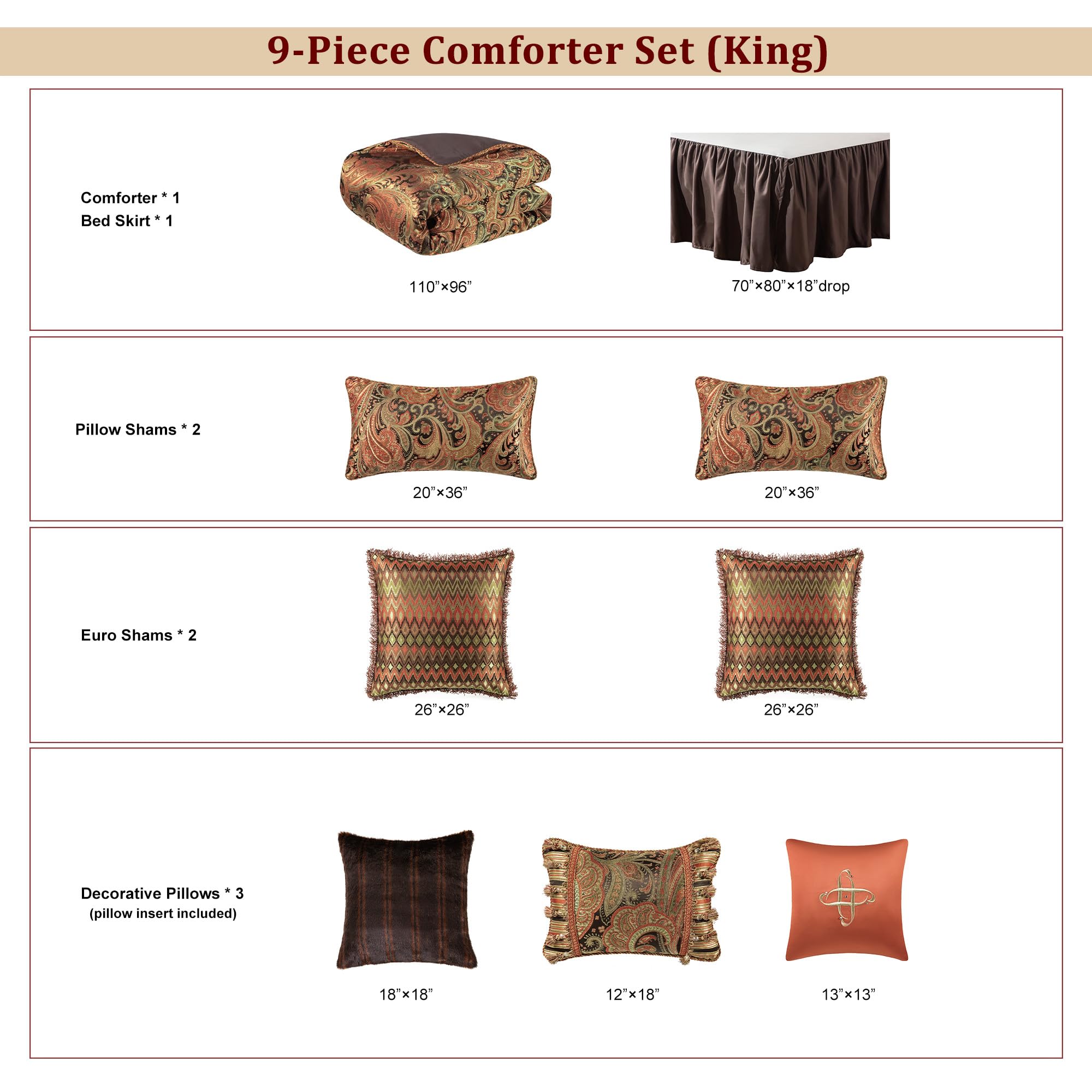 9-Piece Jacquard Comforter Set King - Classic Paisley Damask Bedding