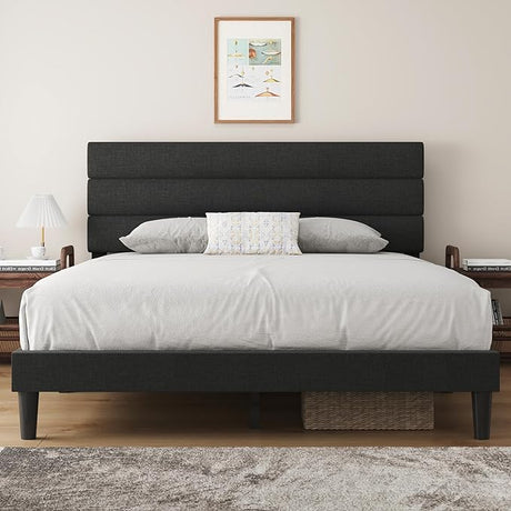 Queen Bed Frame Upholstered Queen Bed Frame Platform with Headboard Linen Fabric Headboard Wooden Slats Support,