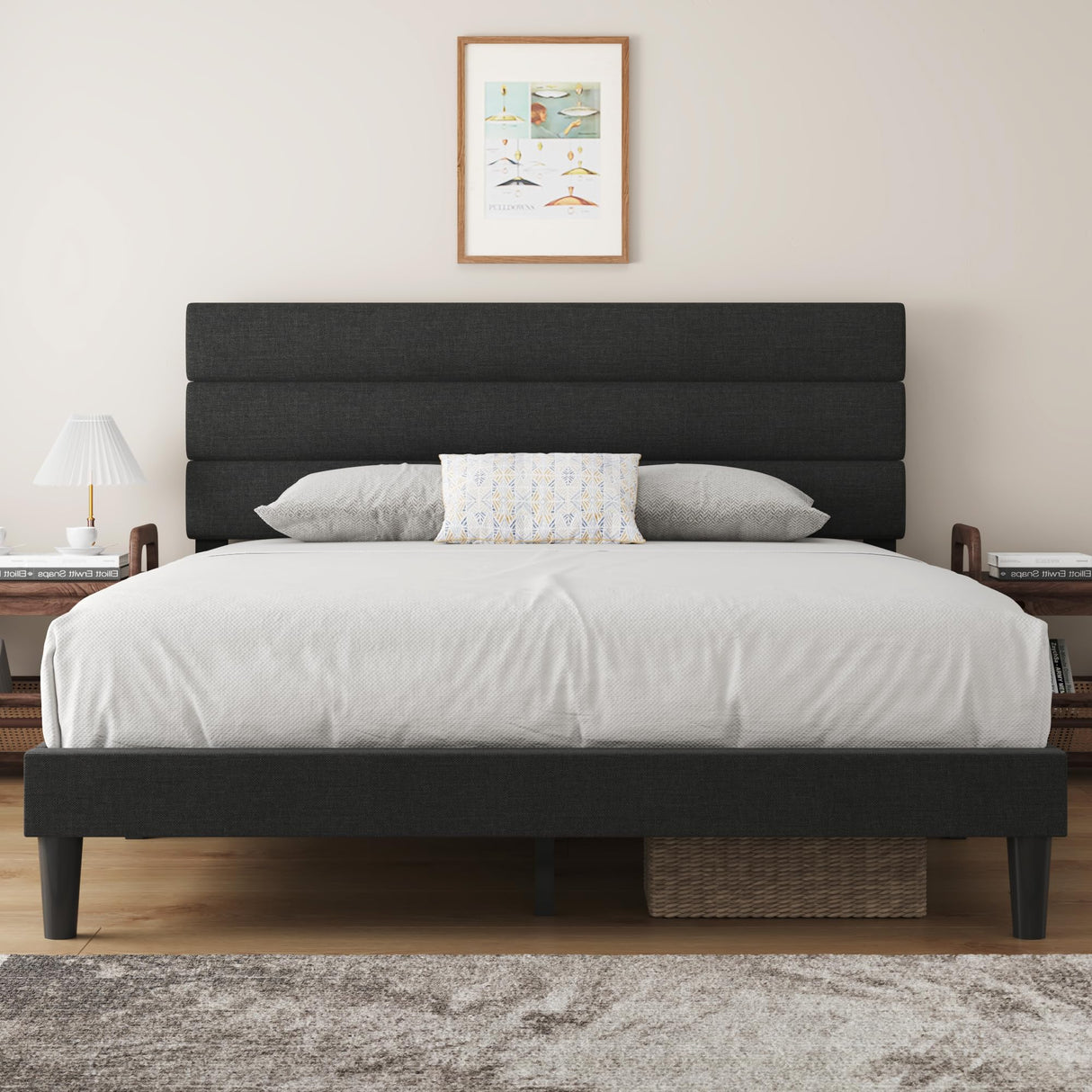 Queen Bed Frame Upholstered Queen Bed Frame Platform with Headboard Linen Fabric Headboard Wooden Slats Support,