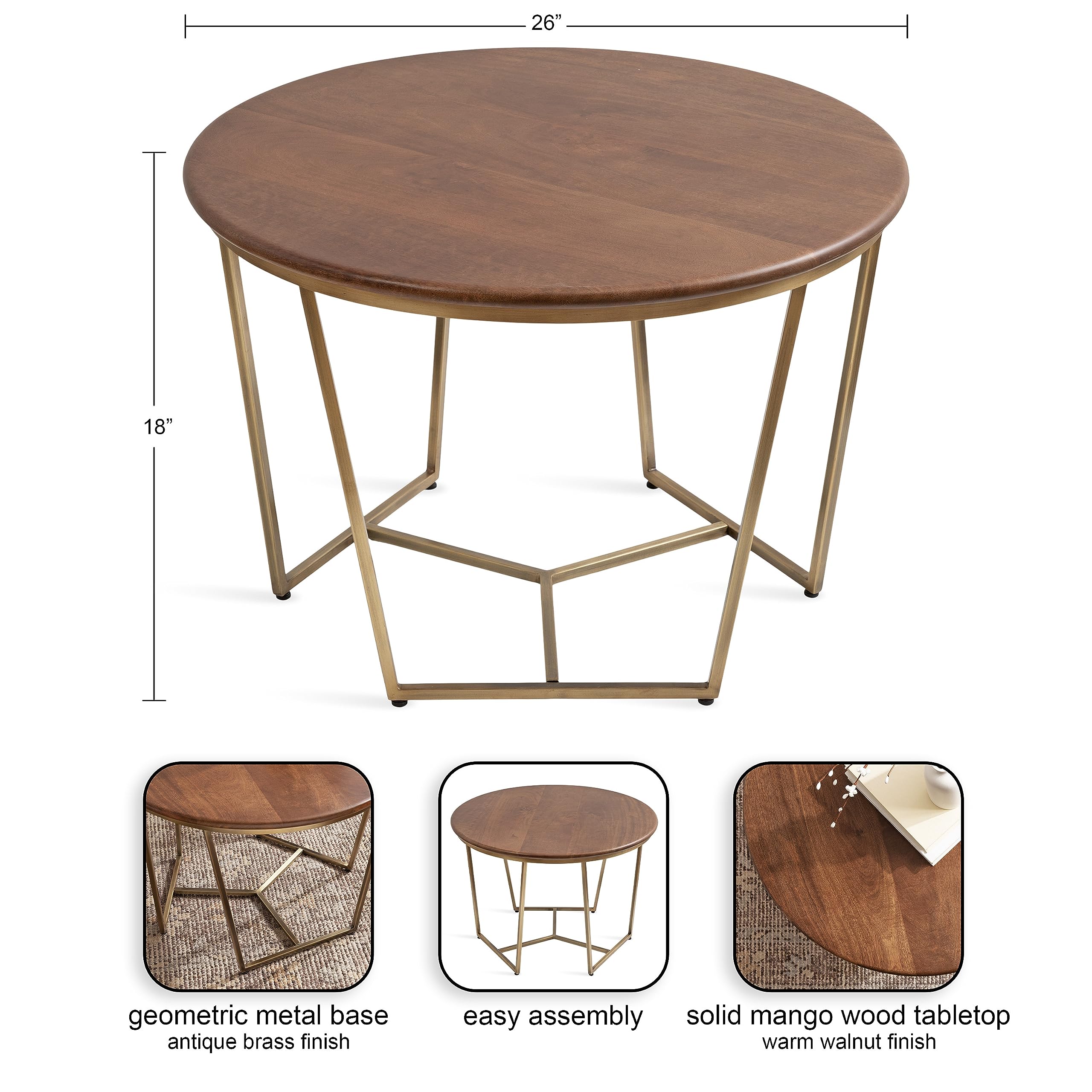 Kate and Laurel Solvay Mid-Century Round Coffee Table, 26 x 26 x 18, Walnut Brown and Antique Brass, Sophisticated Modern Circle Table for Storage and Display