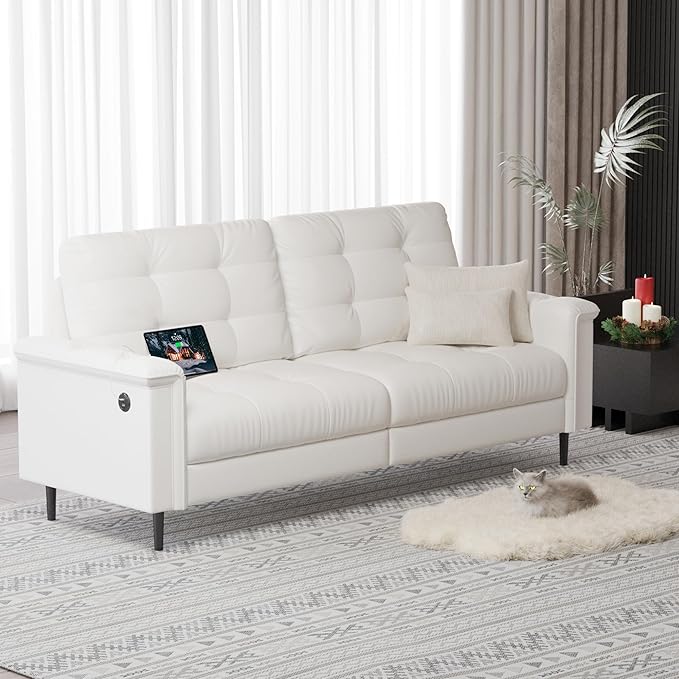 Black Faux Leather Sofa Couches for Living Room, Mid-Century Modern Tufted Comfy