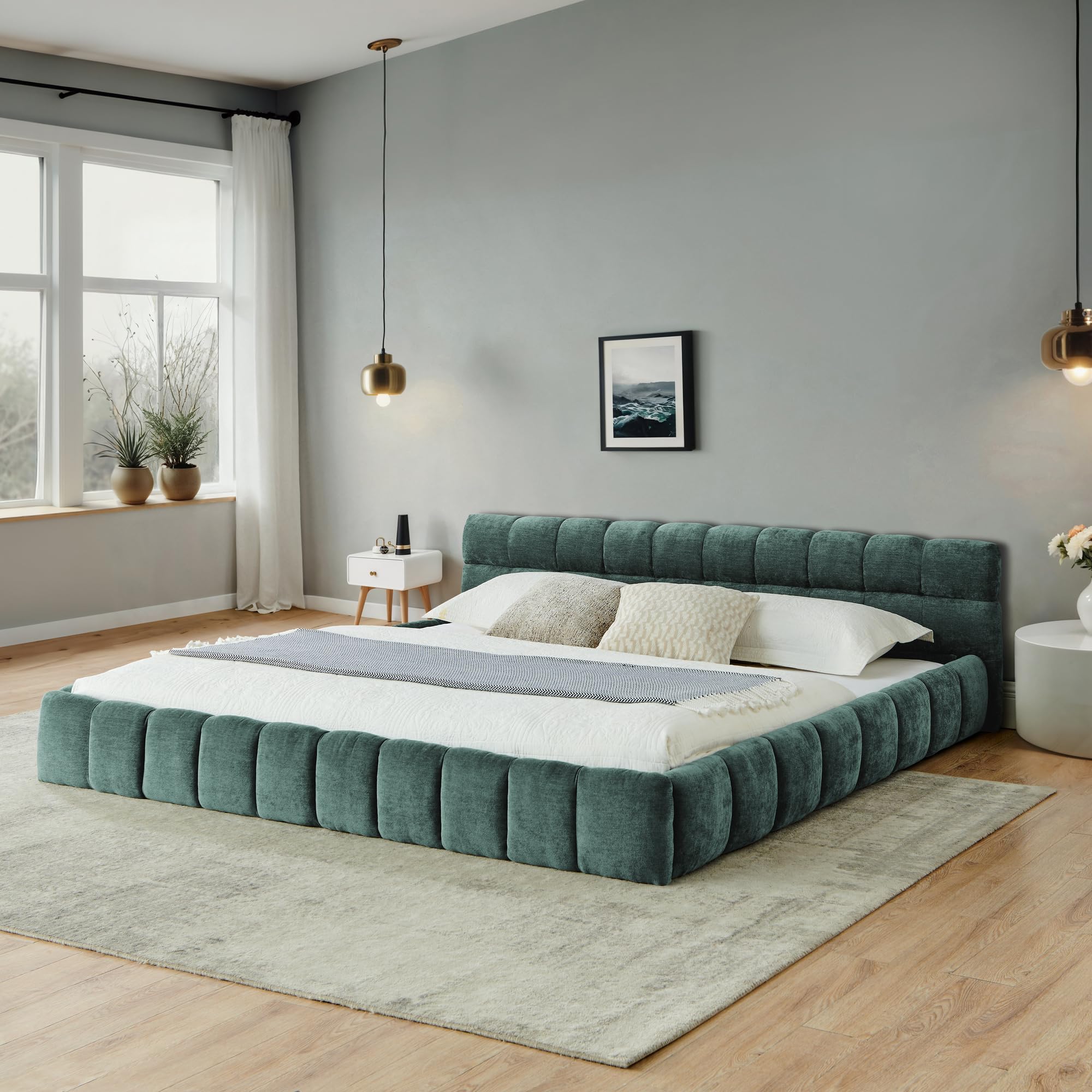 King Size Upholstered Platform Bed - Blue Green Chenille