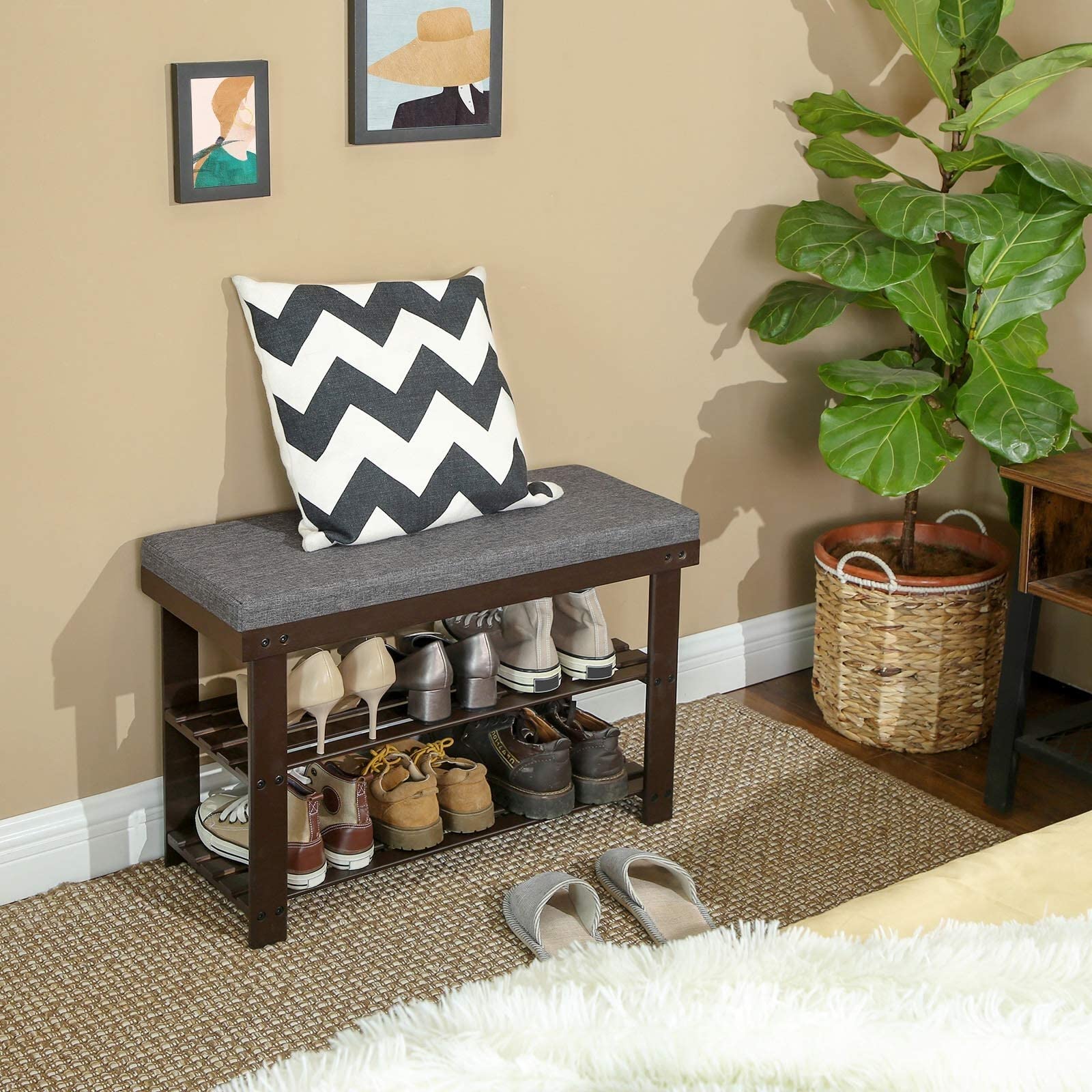 Bamboo Shoe Bench 2-Tier Rack Stable Organizer