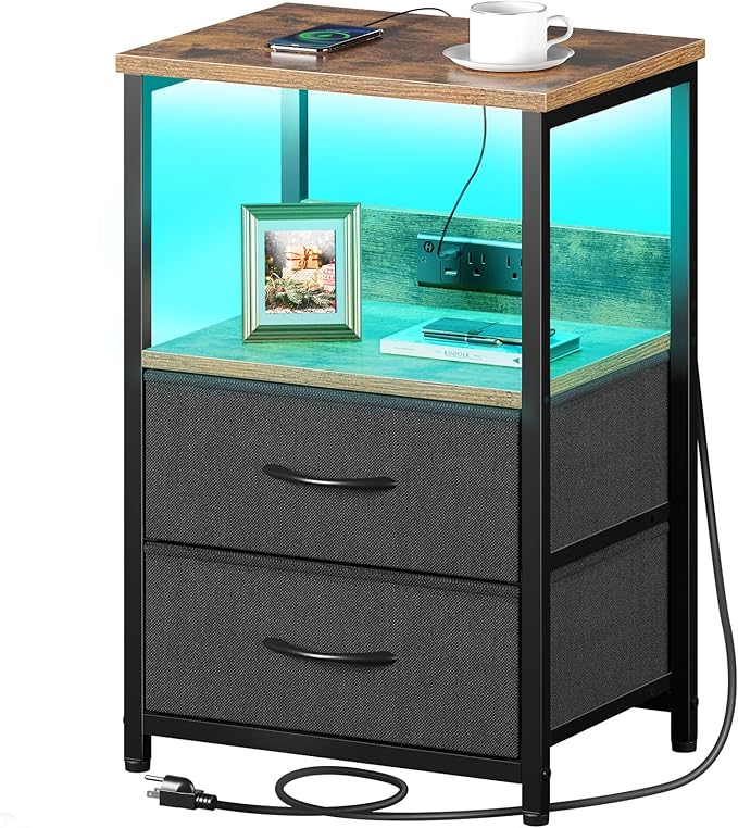 Nightstand Set of 1/2 with Charging Station, Bedside Table with LED Lights