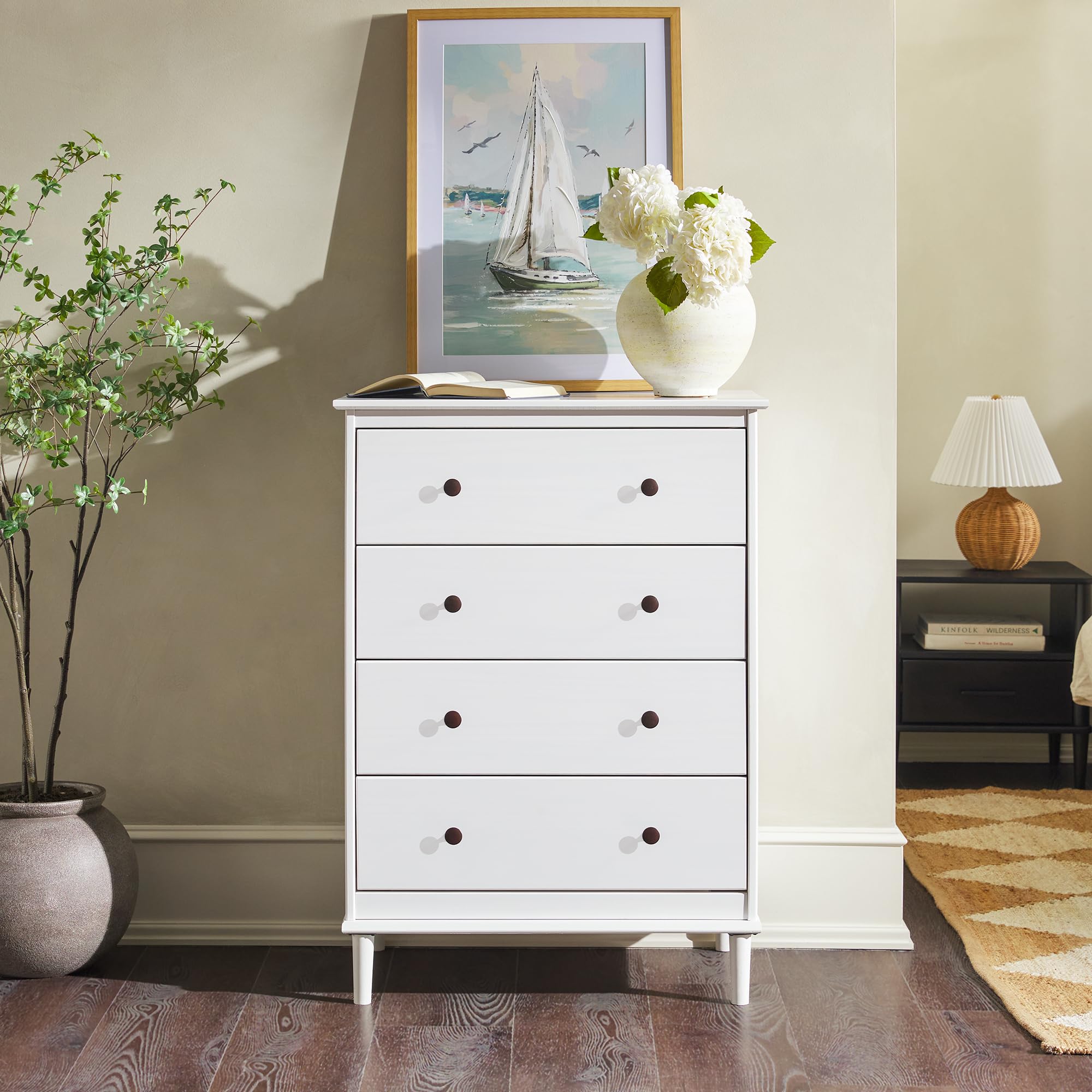 Walker Edison Modern Tall 4-Drawer Solid Wood Dresser Bedroom Storage Drawer Organizer Closet Hallway, 40 Inch, White