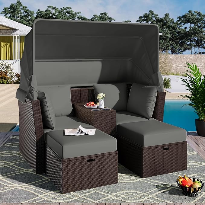 Outdoor Loveseat Chaise Lounge with Canopy, 2-Seater Patio Double Daybed