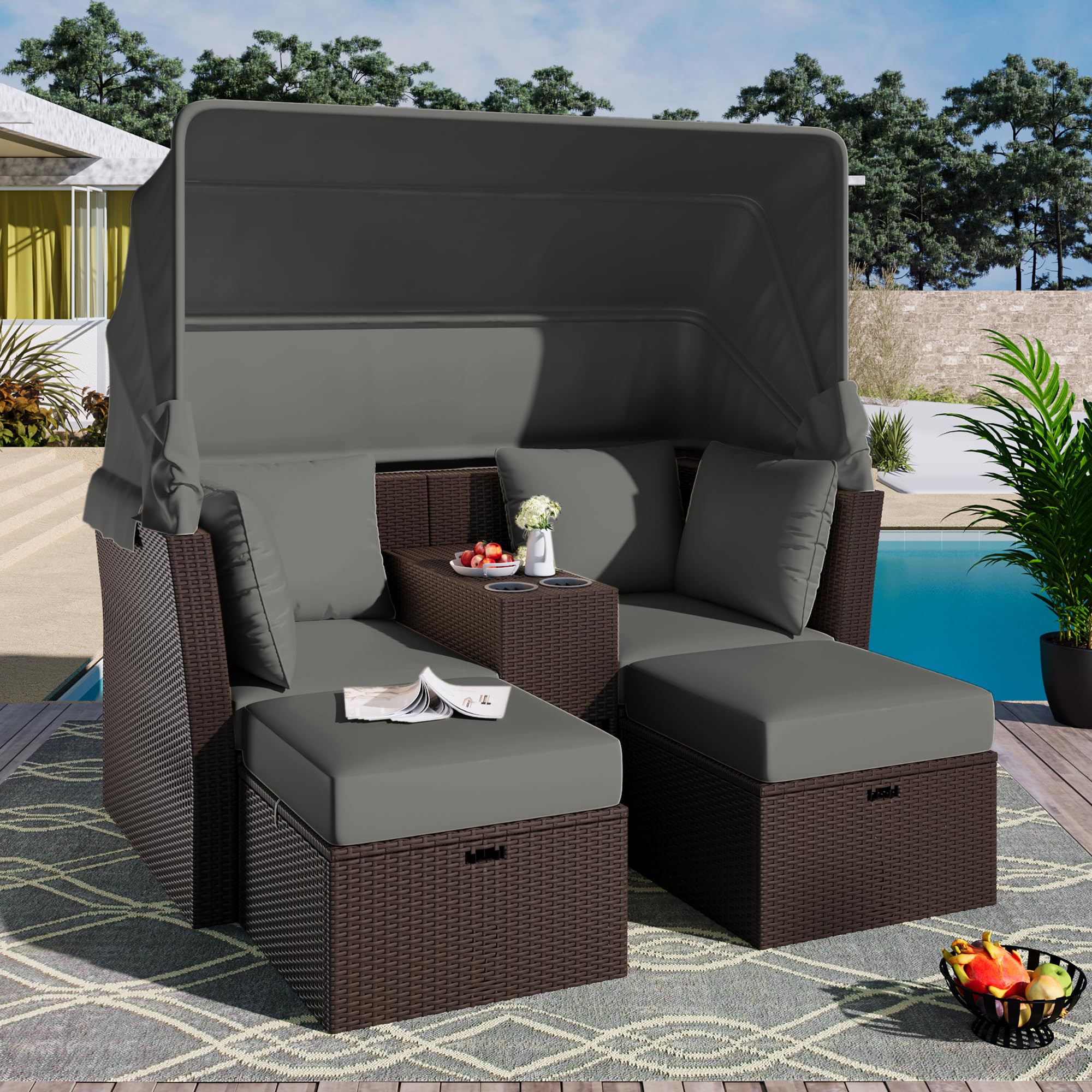 Outdoor Loveseat Chaise Lounge with Canopy, 2-Seater Patio Double Daybed
