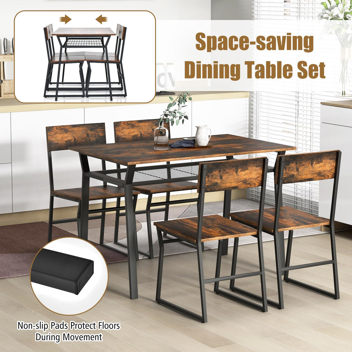 Dining Table Set for 4, 47”L x 28”W Rectangular Kitchen Table w/ 4 Trapezoid Chairs,