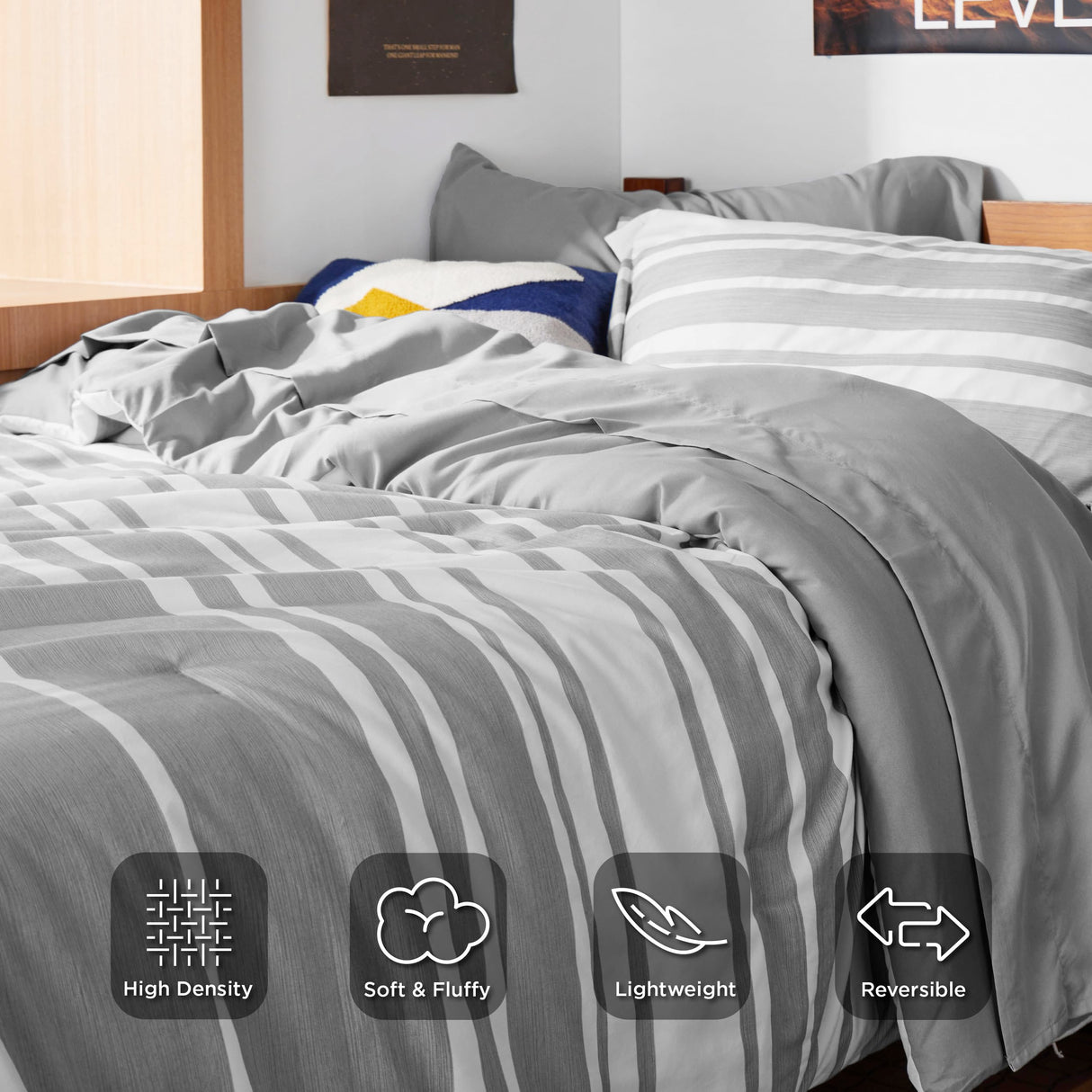 Bedsure Twin Comforter Set 5 Pieces, Gray White Striped Twin Bedding Sets All Season Bed Set, Twin Bed in a Bag with Comforter, Sheets, Pillowcase & Sham