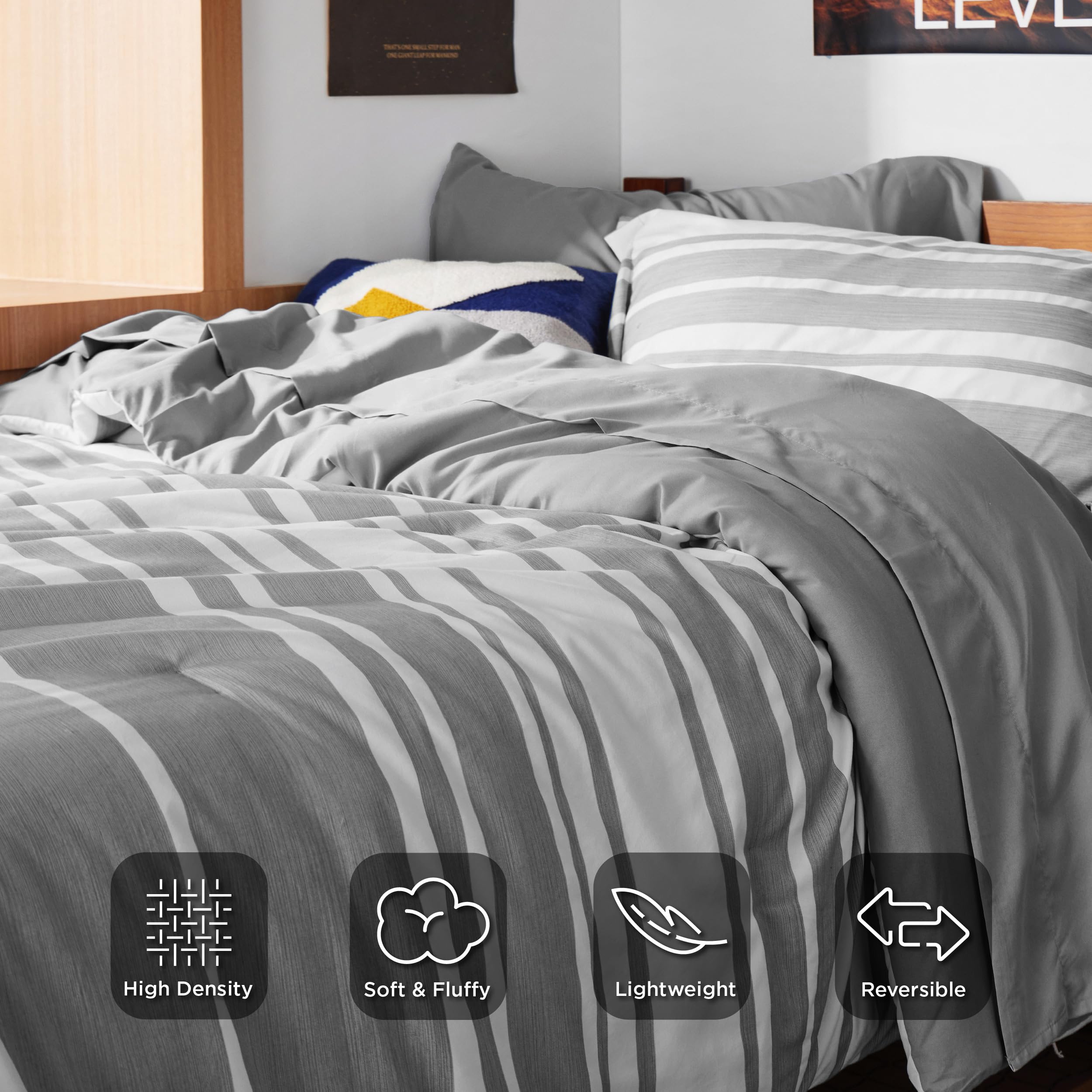 Bedsure Twin Comforter Set 5 Pieces, Gray White Striped Twin Bedding Sets All Season Bed Set, Twin Bed in a Bag with Comforter, Sheets, Pillowcase & Sham