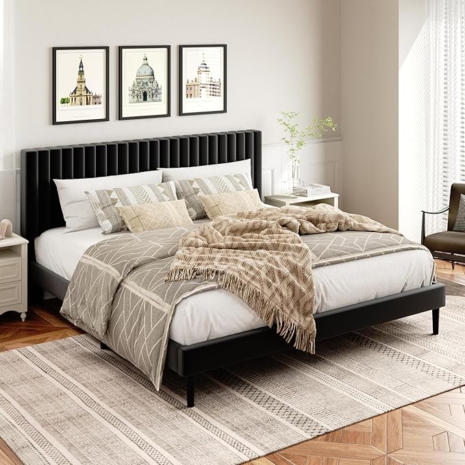 Queen Size Platform Bed Frame with Velvet Upholstered Headboard, queen bed frame