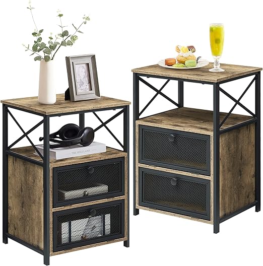 End Side Table, Modern Night Stand with Storage Space and Door, Set of 2 Nightstands