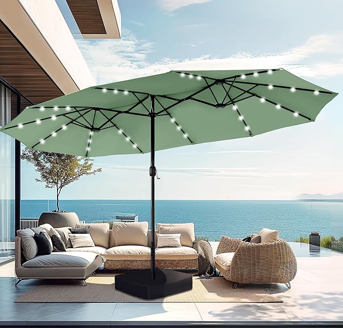 15ft Large Patio Umbrella with Base & Solar Lights, Double-Sided Outdoor Rectangle Umbrellas