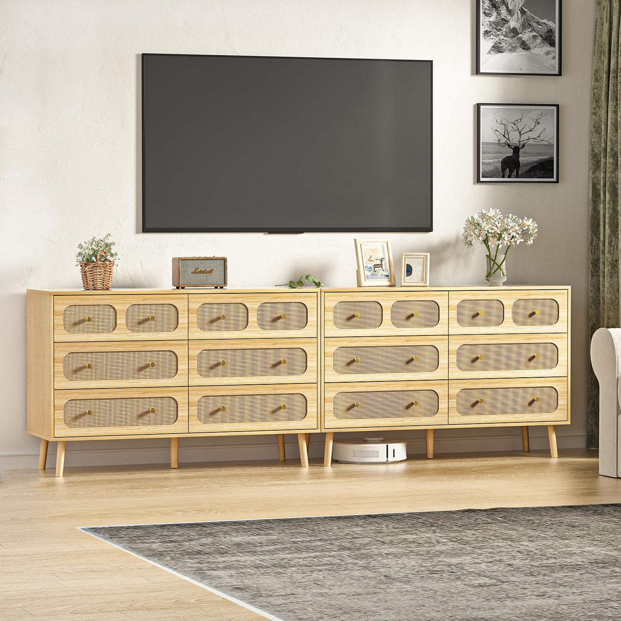 Rattan Dresser for Bedroom, Modern 6 Drawer Double Dresser with Gold Handles