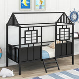 Twin Over Twin Size Metal Low Bunk House Bed with Roof, Two Front Windows