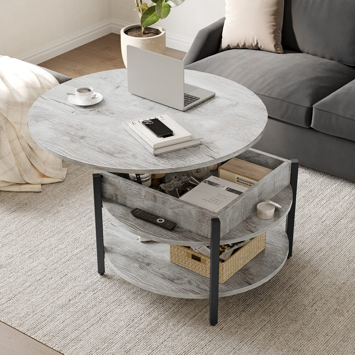 Round Lift Top Coffee Table, 35.43’’ Circle Coffee Table with Storage