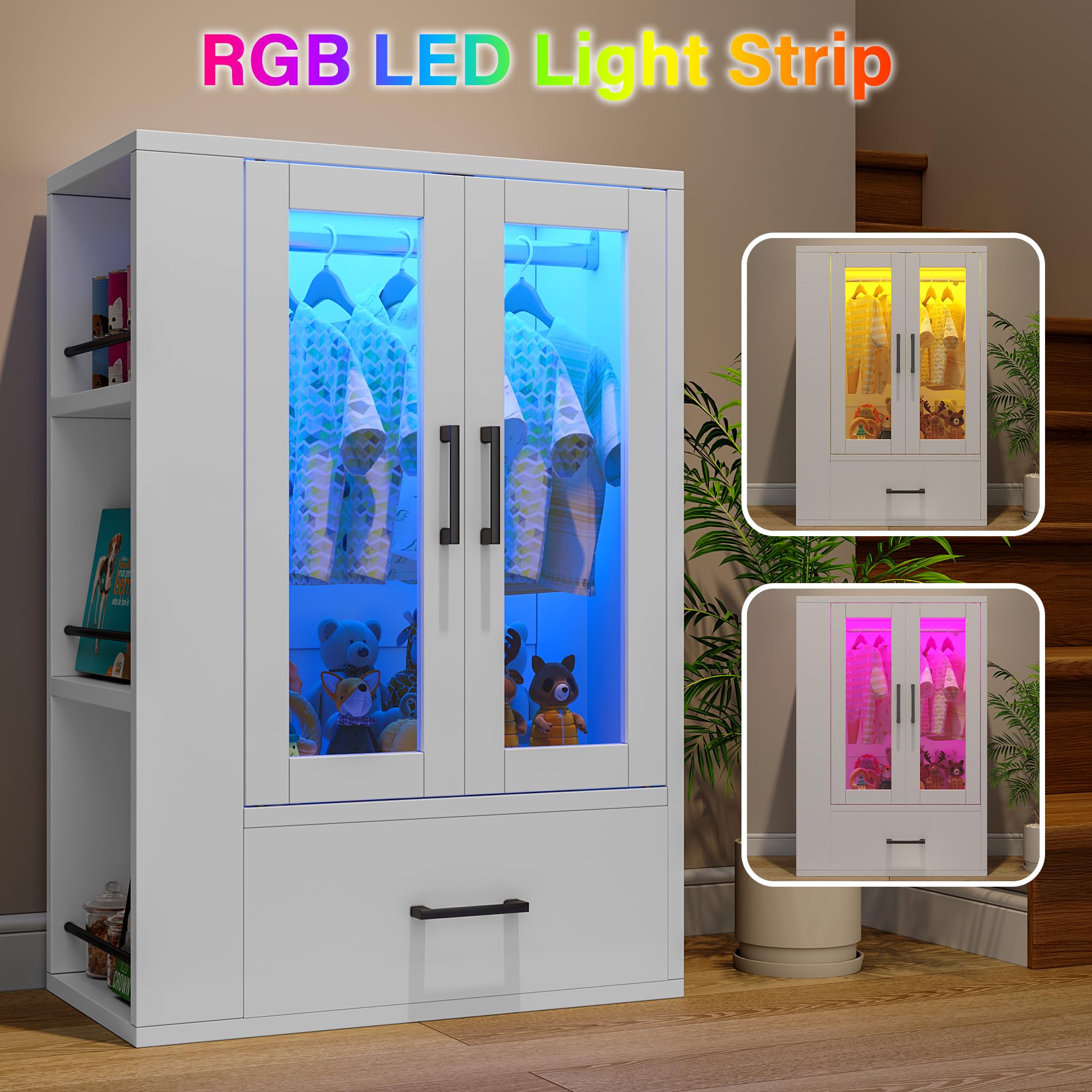 Wooden Dog Closet with LED Lights - Pet Wardrobe Storage Cabinet
