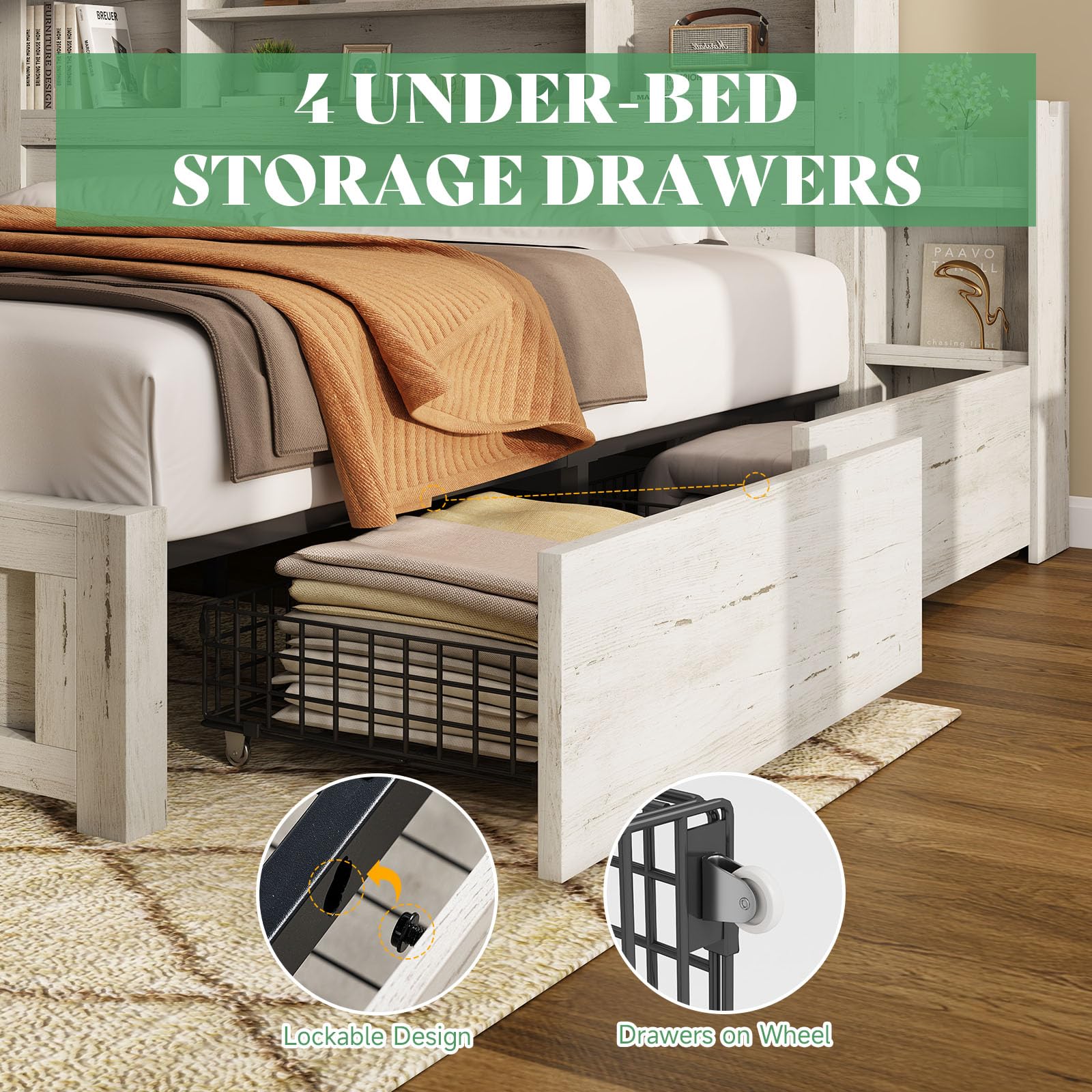 Queen Bed Frame with 4 Storage Drawer, LED Bed Frame with 49.6" Tall Bookcase