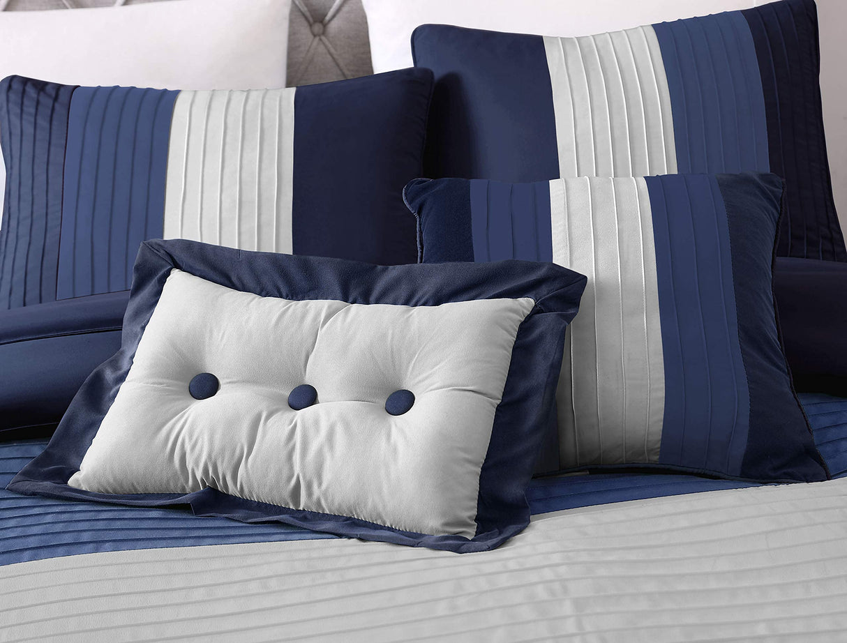 Loft 8-Piece Luxury Striped Comforter Set (King, Navy/Gray/Blue)