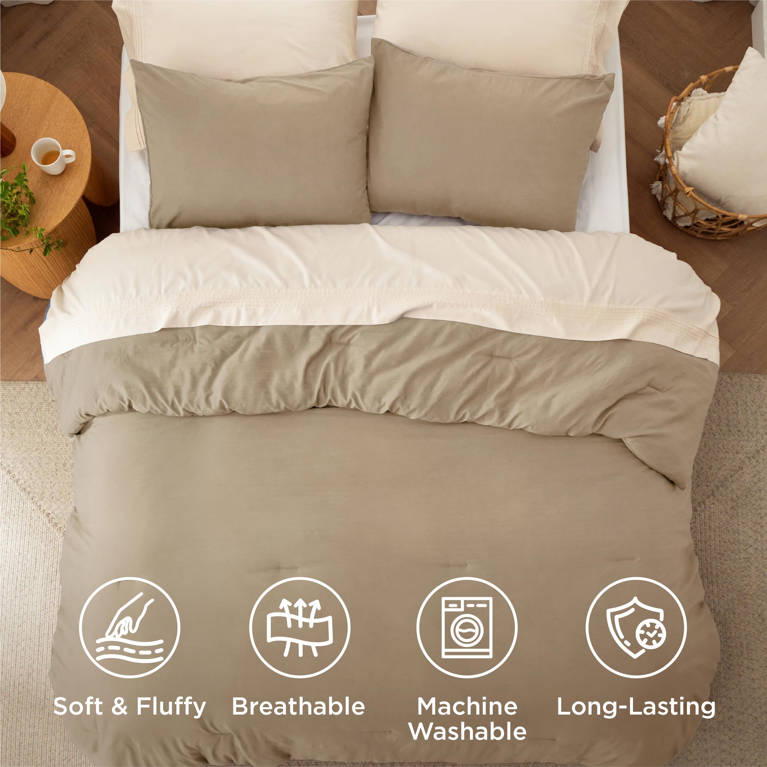 Queen Size Comforter Set - Khaki Prewashed Bedding 3-Piece