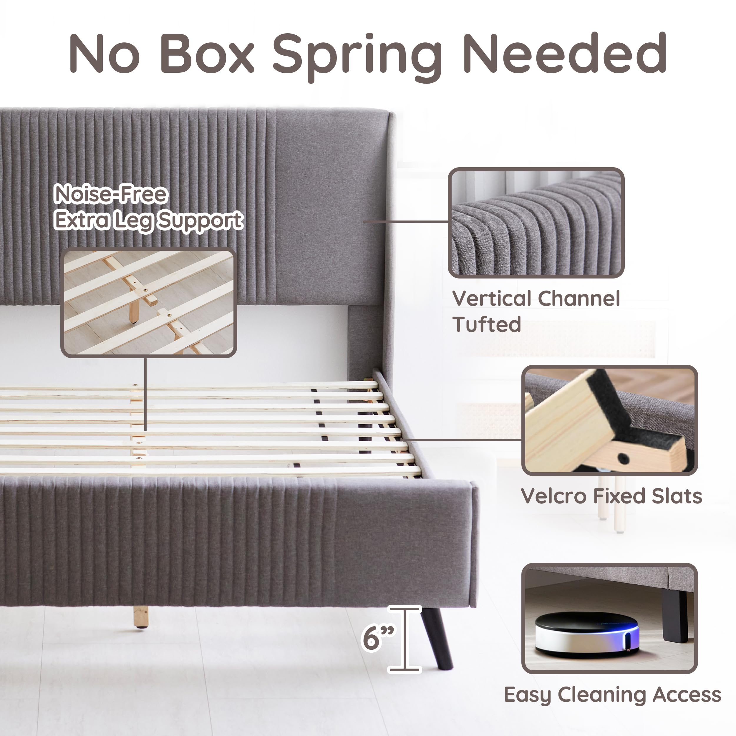 Sunset King Platform Bed with Wingback Headboard - Gray Fabric Upholstered