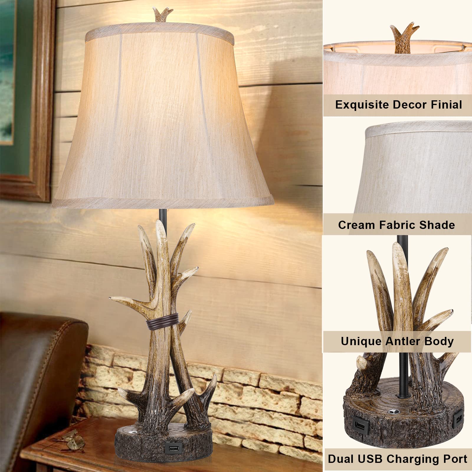 Rustic Antler Table Lamps Set of 2 with USB Charging Ports
