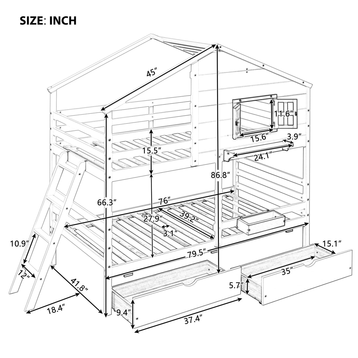 Kids House Bed Bunk Beds, Twin Over Twin Bunk Beds with Roof