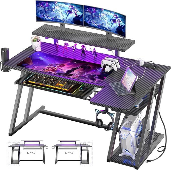 Gaming Desk with Shelves and Outlets, L Shaped Gaming Desk with LED Lights,